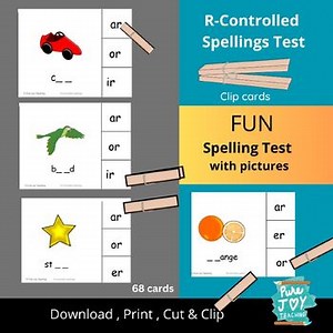 R-controlled spelling test Clip Cards ar, or, er, ir, ur, Low Prep Activity fun