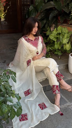 SITARA ETHNICS ✨ on Instagram: "Ivory kurta adorned with rich maroon embroidery, paired with embroidered pants 🤍✨ 5767190"