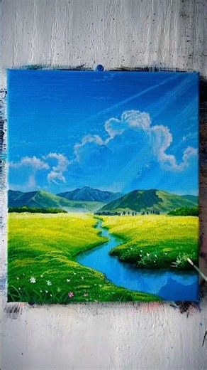 ✨ Beautiful Green Valley & River Landscape | Easy Acrylic Painting 🎨 #shorts
