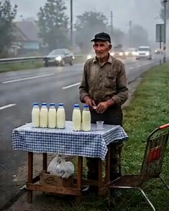 AM CUMPĂRAT LAPTE DE LA UN STRĂIN, APOI AM VĂZUT CE ASCUNDEA SUB MASĂ! 😱🥛 Totul a început într-o dimineață haotică, am întârziat la muncă, mi-am vărsat cafeaua și am ratat ieșirea de pe autostradă. Acolo, pe marginea drumului, am observat un bătrânel cu o masă șubredă și șapte sticle de lapte aliniate perfect. Nu știu de ce am oprit, poate din curiozitate, poate din vinovăție, arăta ca un bunic, cu mâini aspre și o postură mândră, fără urmă de zel comercial. Am lăsat geamul jos și l-am întreba
