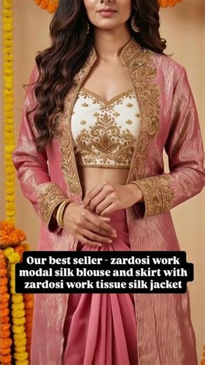 Zardosi Work Modal Silk Blouse & Skirt with Tissue Silk Jacket | Elegant Ethnic Outfit