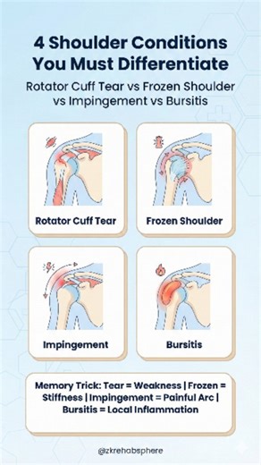 ZK Rehab Sphere on Instagram: "💪 4 Shoulder Conditions You Must Differentiate Rotator Cuff Tear vs Frozen Shoulder vs Impingement vs Bursitis 🔹 Rotator Cuff Tear • Pain + weakness while lifting the arm • Difficulty with overhead activities • Night pain common • Can be traumatic or degenerative 🔹 Frozen Shoulder (Adhesive Capsulitis) • Severe stiffness more than pain • Both active & passive movements restricted • Gradual onset • Common in diabetes 🔹 Shoulder Impingement • Painful arc between