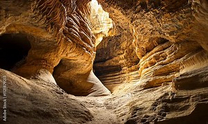 Exploring the depths of a sandstone cave, illuminated by a shaft of sunlight revealing intricate rock formations and textures. A mesmerizing view into the earth's geological wonders.