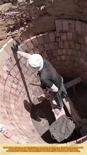 Skilled Worker Laying Bricks for Circular Pit Construction