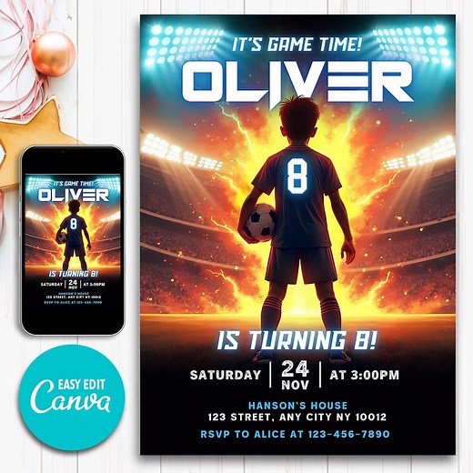 Editable Soccer Party Invitation, Printable Football Evite for Boys, Digital Canva Template, Instant Download Invite, Soccer Birthday Invite - Etsy