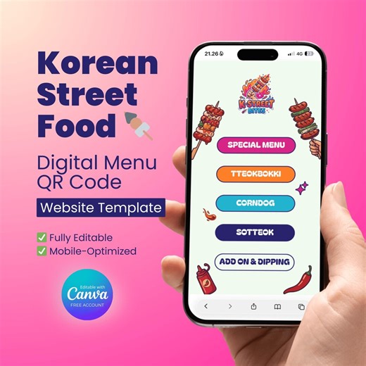 Korean Street Food Digital Menu QR Code Website Template for Canva - Etsy