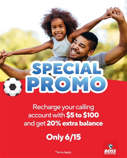 Happy Father’s Day! Today only get MORE TIME to say Dad how much you miss him. 💙📞 Recharge your account with $5 to $100 and receive a 20% BONUS! Available in the app, online, or at BOSS Revolution stores. Terms apply. | BOSS Revolution