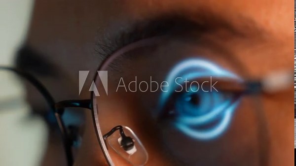 A person wearing glasses works on a laptop, with a glowing digital eye reflected in the lens. highlights themes of cybersecurity, AI vision, biometrics, surveillance, and advanced digital technology.