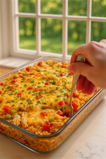 🌶️🧀 Fajita Chicken Casserole Bake Ingredients 3 cups cooked rice (about 2 cups uncooked) 3 cups cooked shredded chicken (rotisserie chicken works great) 1 cup diced red bell pepper 1 cup diced green bell pepper 1 small onion, diced (optional) 1 (10 oz) can fajita sauce or salsa 1 cup chicken broth 2 cups shredded cheddar cheese (or Mexican blend cheese) 1 tablespoon olive oil or butter Salt & black pepper, to taste 1 teaspoon fajita seasoning or smoked paprika (optional) --- Directions 1. Preh