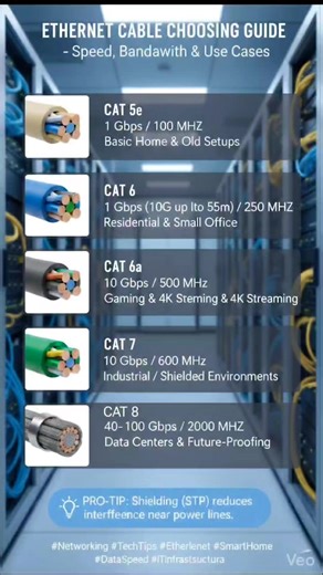 🔌 Ethernet Cable Types – Quick Guide • Cat5 – 100 Mbps (Outdated) • Cat5e – 1 Gbps | Best for Home • Cat6 – 10 Gbps (55m) | Office Use • Cat6a – 10 Gbps (100m) | Data Centers • Cat7 – 10 Gbps | Enterprise Shielded • Cat8 – 25–40 Gbps (30m) | Servers 📌 Choose the right cable for better speed, stability & future-ready networking. #Networking #Ethernet #TechTips | BD Tech Tips 2.0