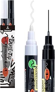 TRANSON Black and White Bold Tip and Thin Fine Tip Acrylic Paint Markers Waterproof Oil Paint pen