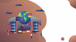 Download Futuristic Animated Concept, Big Data Center Chief Technology Officer Using Laptop Standing In Warehouse, Information Digitalization Lines Streaming Through Servers. SAAS, Cloud Computing, Web Service for free