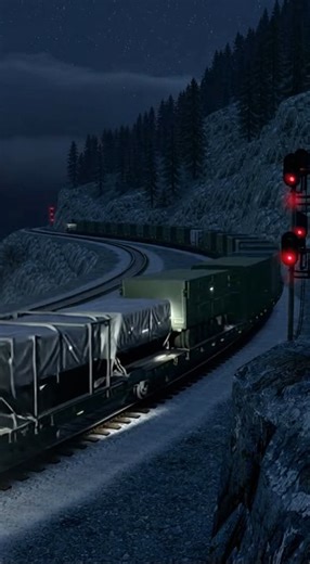 A static ultra wide 8K ultra HD night video records a long armored cargo train loaded with sealed we | Alaska Northern