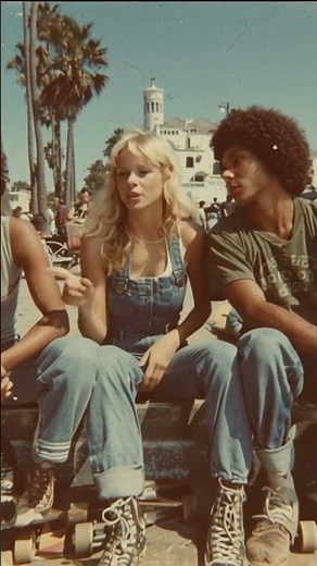 3 1970s skateboard surfer girls sitting on a wall in Venice beach