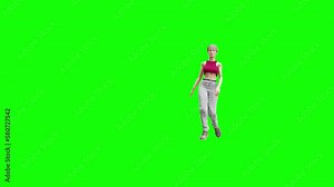 a character walking on a green background. a 3d female character walking. animation of a 3d blonde woman walking towards the camera. woman in sportswear Stock Video