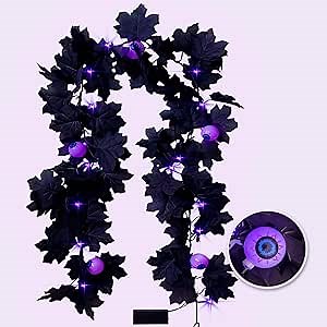 Black Leaves Garland with Lights Halloween Decor 5.7 FT 20 LED Maple Leaf Halloween Garlands Fall Decor for Home Indoor Outdoor Decor Party Black Leaves Garland Purple Lights