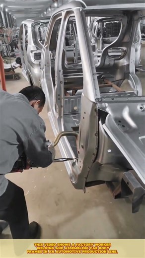 Car body welding: Factory worker assemble metal frames, join panels, and reinforce structure