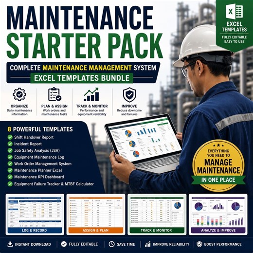 Maintenance Starter Pack | Maintenance Management System Excel Templates | Work Order, KPI Dashboard, Maintenance Log, MTBF Tracker - Etsy