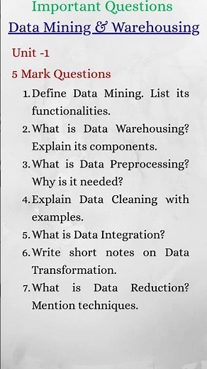 Data Mining & Warehousing - 5 & 10 Mark Important Questions | Madras University