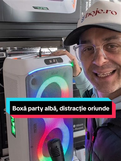 Boxă party albă cu Bluetooth, microfon inclus și efecte de lumini, ideală pentru karaoke, petreceri acasă sau în aer liber. #bojero #boxaportabila #partybox #karaoke
