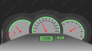 Cartoon-style animation of a car speedometer, with the needle climbing higher as the speed increases. Vehicles, driving, automotive technology, and performance concepts. 4k