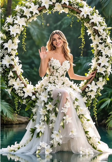 ¿Quieres convertirte en la hada de las flores en el bosque con este maravilloso vestido de lirios blancos sobre el agua? búscalo Mira este precioso retrato de hada floral en la selva, sentada en un columpio circular decorado con lirios blancos y reflejos en el agua búscalo No te pierdas este mágico efecto de foto de boda con vestido de flores naturales y fondo de vegetación tropical exuberante búscalo Descubre cómo crear esta imagen de ensueño con vestido de lirios blancos, columpio floral y ref