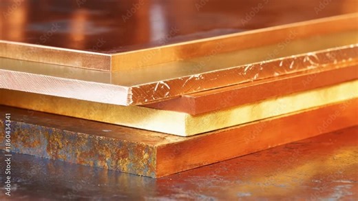 Medium frame capturing graded hybrid copperalloy sheets with visible color gradient and thickness variation demonstrating advanced material engineering.