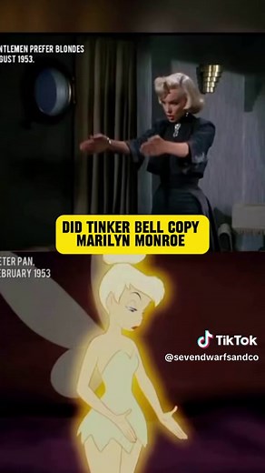 In Gentlemen prefer blondes , there’s that iconic scene where Marylin Monroe she measures her hips and gets stuck just like tinker bell in Disneys Perer Pan. Sound familiar? Coincidence… or subtle Disney-coded femininity of the 1950s? #DisneyFans #OldHollywood #TinkerBell 🎥:AXELMALIBU