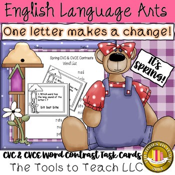 Spring Read CVC and CVCE 20 Word Contrasts Phonics Task Cards Grade 2