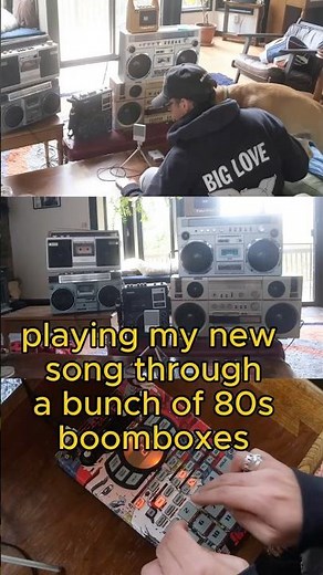 Playing a song through 5 retro boomboxes