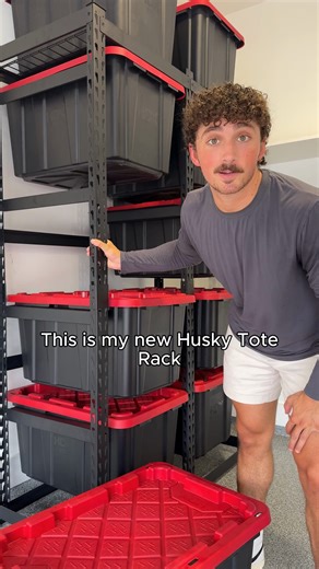 Snap, slide, store. ✔️ Keep your 27 Gal. totes organized and easy to grab with the Husky 10-Tote Storage Rack. Holds up to 100 lbs. per tote, slides out independently, and includes an extra top shelf. Durable steel, adjustable rails, and boltless setup make storage a breeze. Available now at The Home Depot in-store or online. | Kreate
