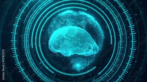 3D Technological Interface: Glowing Dashboard with Artificial Intelligence, Human Brain MRI Scan, and Network Data for Medical Research