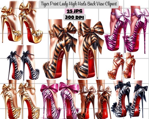 Fashion Heels Clipart, Animal Print Shoes Clipart, Tiger Print Lady High Heels Back View Clipart, Couture Shoe Art for Crafts, Junk Journal - Etsy