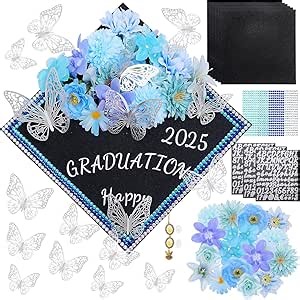 Kicpot Blue Graduation Cap Decorations Kit DIY Grad Cap Topper with Artificial Flower 3D Butterfly Rhinestones Alphabet Letter Number Stickers for 2025 Graduation Party Decorations Supplies (Blue)