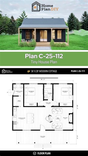 36x28 Modern Farmhouse Cottage | 1,008 sq. ft. | 2 Bed, 1 Bath #blueprint #construction #shorts