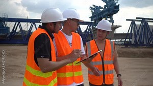 Engineering team discussing motorway and large overpass construction, troubleshooting issues, and planning to complete the project within the set timeframe.
