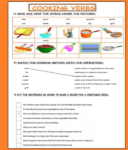 Pizza recipe - cooking verbs worksheet
