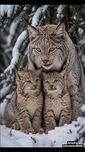 ❄️ Rare Canada Lynx Mother with Two Cubs in Snowy Forest 🐾 | Adorable Wildlife Family