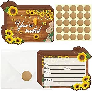 20 Pcs Sunflower Invitation Cards, Sunflower Birthday Party Invitation Cards With Sticker Labels, 20 Envelope Birthday Invitations for Birthday Party Supplies
