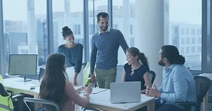 Collaborating in office, business team using data analytics animation on screen. Teamwork, collaboration, innovation, brainstorm, technology, strategy