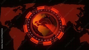 Red Digital Globe Radar with World Map Background and Targeting Reticle interface. Digital red radar globe with world map and reticle showing advanced interface and global tracking visuals.
