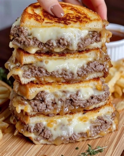 🍔🧀 Patty Melts with Secret Sauce 💛 Golden, cheesy, and loaded with juicy beef and sweet onions, just like your favorite diner. 😍 ✨ Main Ingredients: • Ground beef patties • Caramelized onions • Swiss or cheddar cheese Full cozy sandwich recipe in C.o.m.m.e.n.t.s 💬👇 | Kinsley Recipes