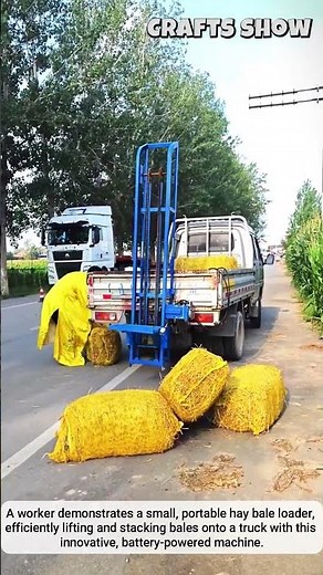 The process of using a portable battery powered hay bale loader