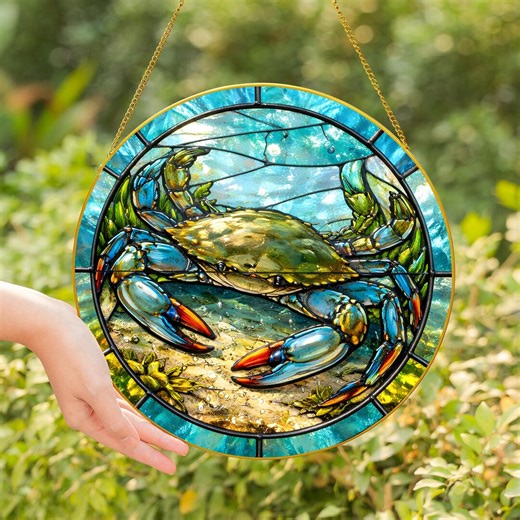 Blue Crab Stained Glass Window Suncatcher, Coastal Ocean Hanging Decor, Beach Lover Gift, Nautical Sea Life Home Ornament Art - Golden Frame - Etsy