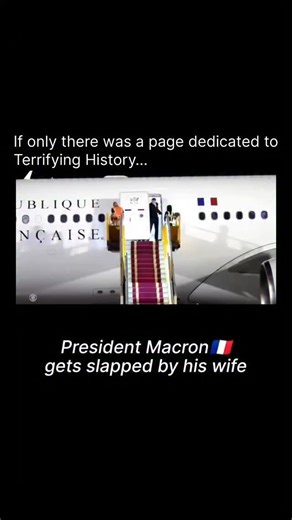Terrifying History on Instagram: "On May 25, 2025, a viral video captured a candid and widely debated interaction between French President Emmanuel Macron and First Lady Brigitte Macron upon their arrival at Noi Bai International Airport in Hanoi, Vietnam. As the door of the presidential aircraft opened, the First Lady was seen reaching out and placing both hands on her husband’s face, appearing to push or shove him backward as he stood in the doorway. The President appeared momentarily startled
