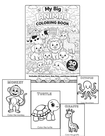 Animal Coloring Book for Kids | 30 Pages | Farm Zoo Pets Ocean Animals | Preschool Toddler Coloring Pages PDF - Etsy