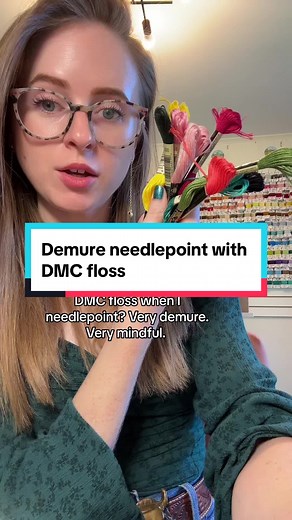 Demure needlepoint stitching with DMC floss! Needlepoint doesn’t have to break the bank! Use DMC floss and improve the look of your stitching while also saving on thread costs! #needlepoint #needlepointstitching #needlepointtiktok