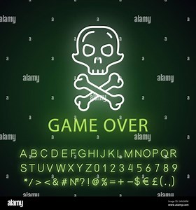 Game over neon light icon. Virtual video game end, failure. Skull with crossbones. Esports, cybersports sign. Game fail, loser. Glowing alphabet, numb Stock Vector Image & Art - Alamy