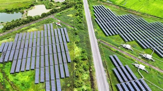 High-angle drone footage capturing large solar panel arrays beside a rural road and farmland, illustrating clean energy production, sustainable infrastructure, and modern renewable power generation