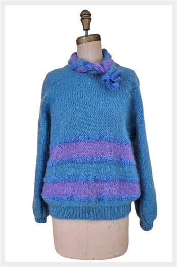 Vintage 80s Mohair Sweater: Blue Striped Slouchy Knit With Scarf - Etsy
